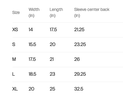 Size chart